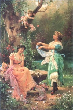floral angel and ladies Hans Zatzka beautiful woman lady Oil Paintings